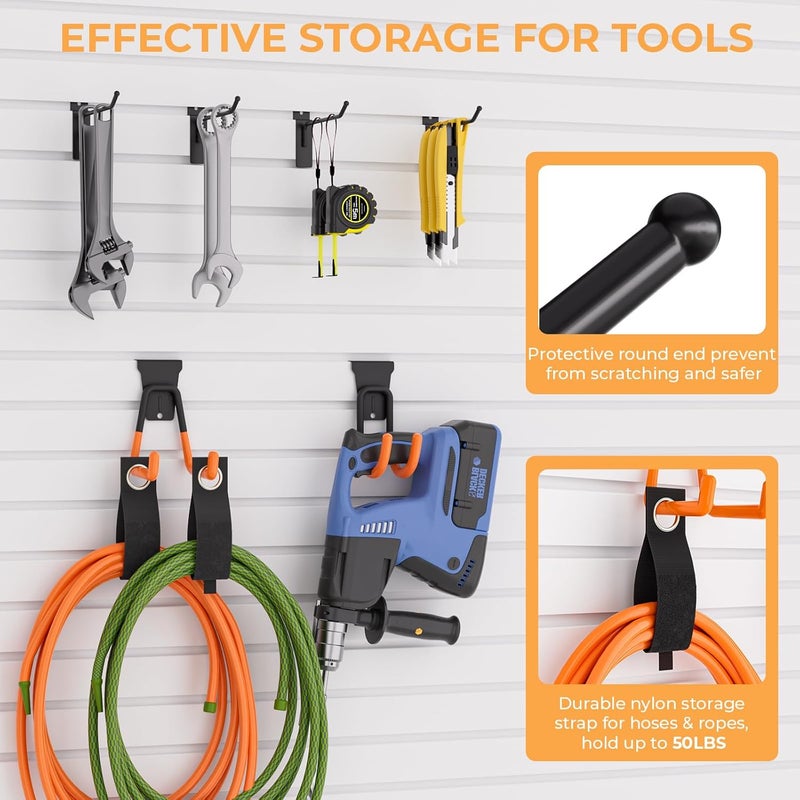 INCLY 27PCS Slatwall Accessories Kit, Includes 3 Pack Ventilated Metal Wire Slat Wall Baskets, Multisized Heavy Duty Slatwall Hooks and Storage Strap for Room Workshop Garage Organization - Image 5